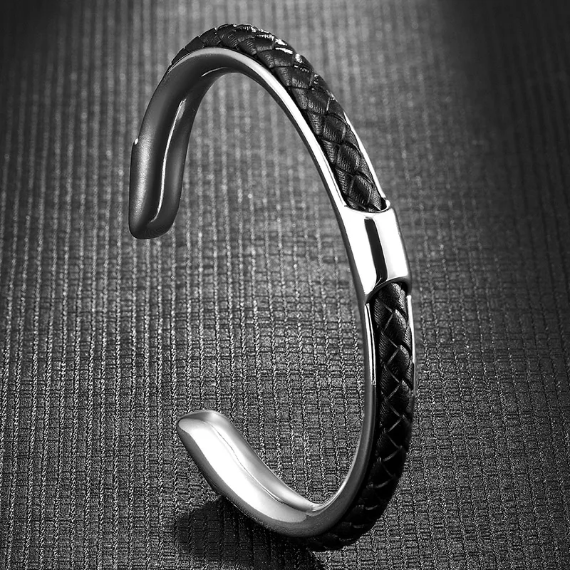 Cuff Bangle Bracelet - Classic Men Stainless Steel Woven Leather