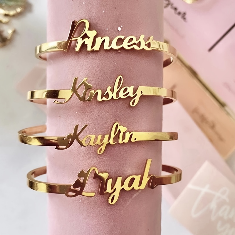 Cuff Bangle Bracelet - Stainless Steel Tiny Heart Name Bangle