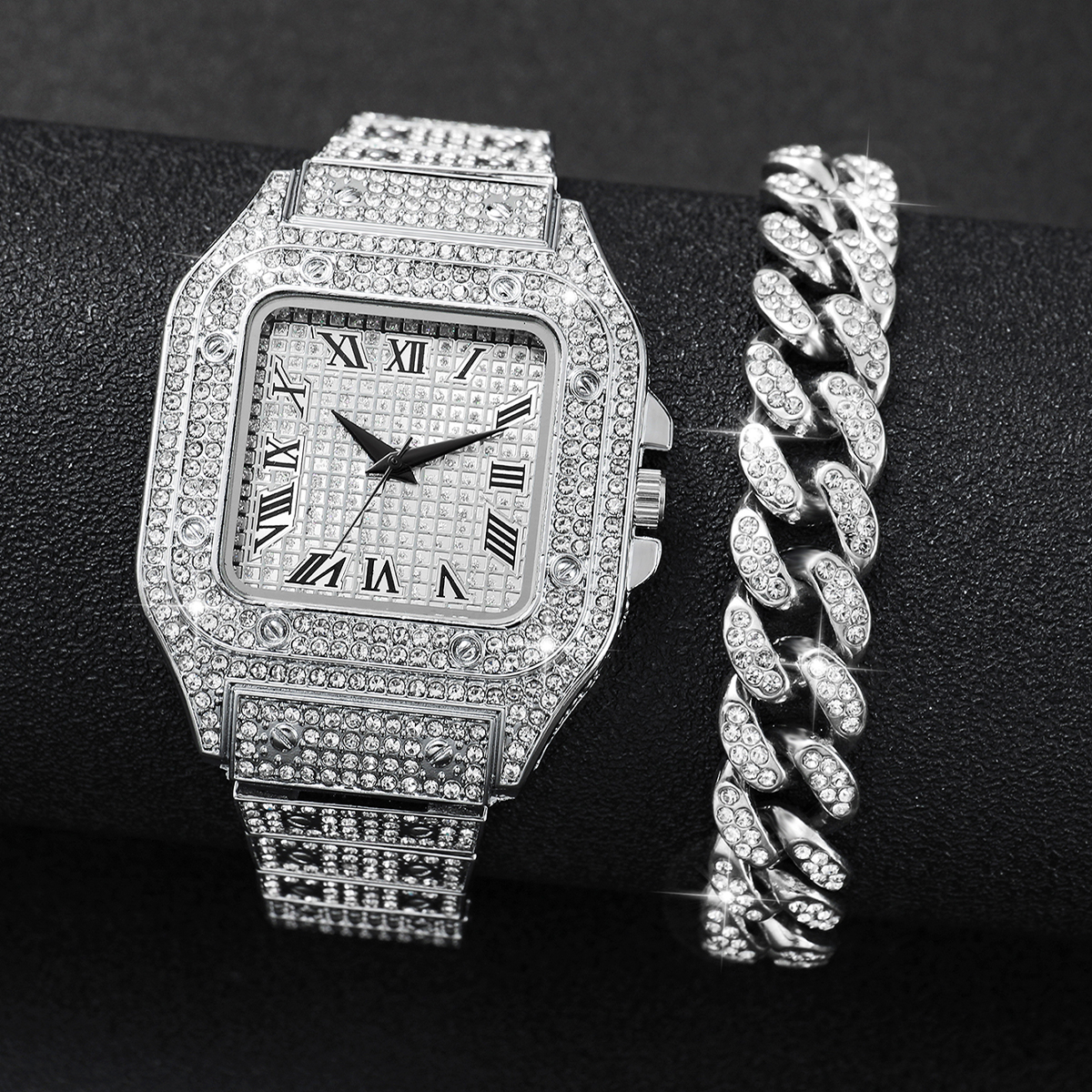 2PCS Iced Out Square Watch & C – Jewelry Watches Luxury recenzja i cena