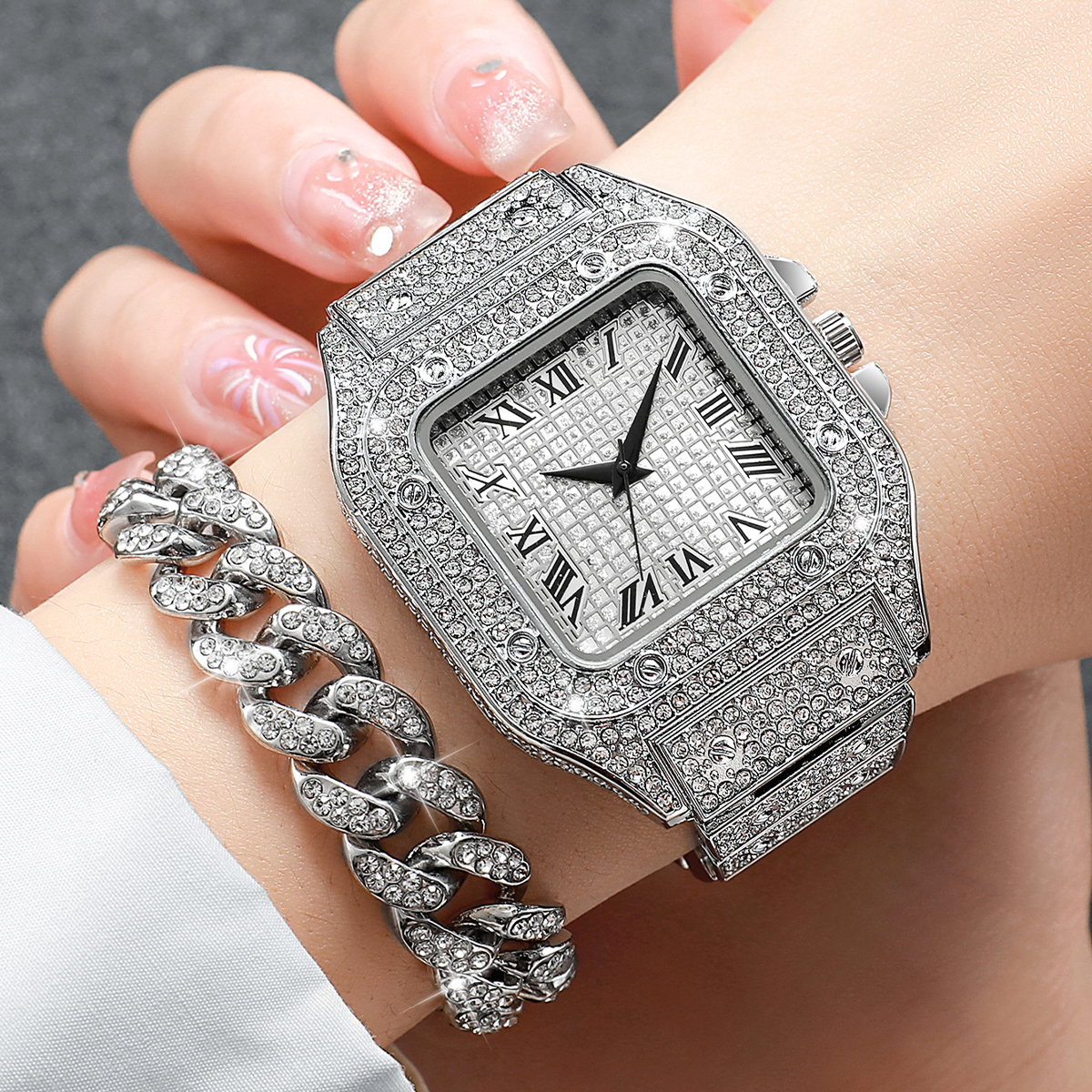 2PCS Iced Out Square Watch & C – Jewelry Watches Luxury recenzja i cena