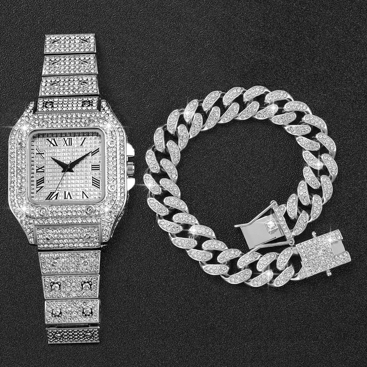 2PCS Iced Out Square Watch & C – Jewelry Watches Luxury recenzja i cena