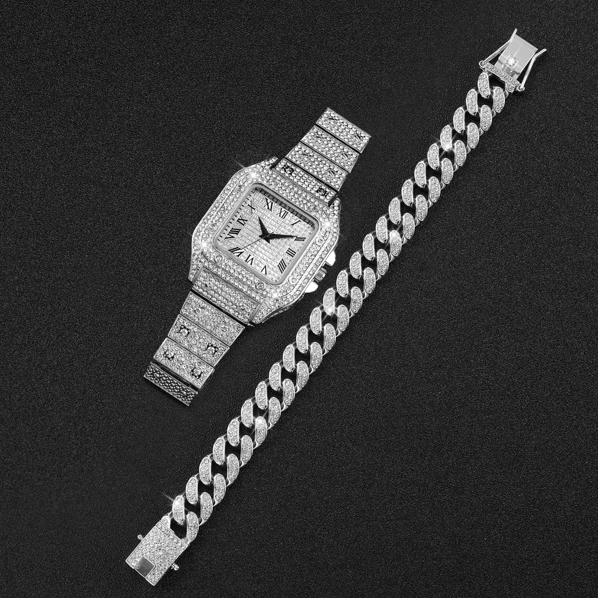 2PCS Iced Out Square Watch & C – Jewelry Watches Luxury recenzja i cena